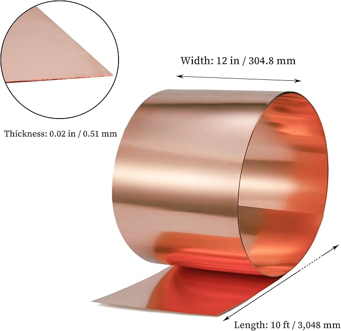 GOORY Copper Flashing 24 Gauge - 12in x 10ft 0.02"(0.51mm) Thickness Roof Flashing Roll - 99.95+% Pure Copper Sheet Metal ASTM B152 - Roofing Repair DIY Project Contractor Jewelry Crafts