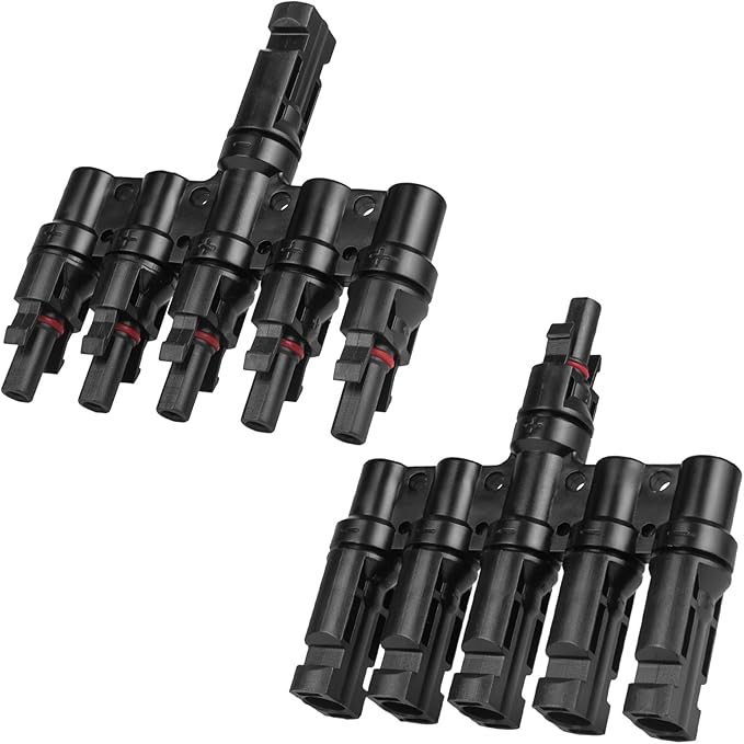 Solar Panel Connector 5 to 1 T Branch Parallel Adapter, 30A 1000V 10AWG Tool-Free IP68 Waterproof Cable for Solar Panels (T Branch, 5to1(1Pairs))