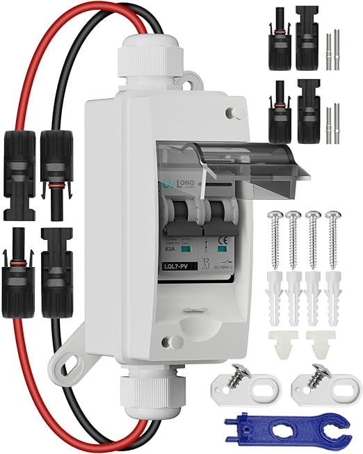 Solar Disconnect Switch 63A DC1000V Circuit Breaker 2P with PV Connector and IP65 Small Breaker Box and Wall Hooks for Outdoor PV Stystem, Battery, PV Array MCB