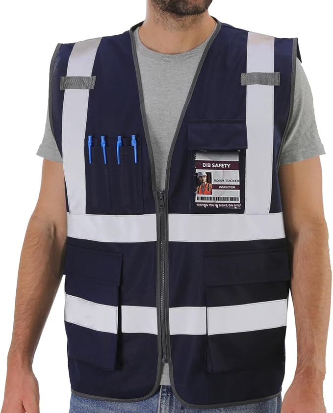Dib Safety Reflective Vest ANSI Class 2, High Visibility Vest with Pockets and Zipper, Construction Work, Hi Vis