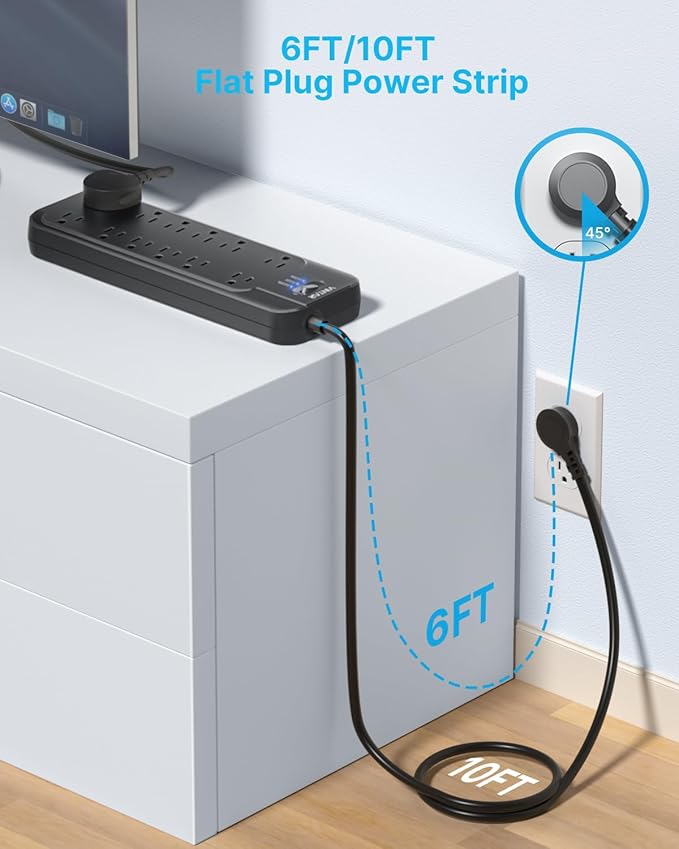VINTAR Power Strip Surge Protector with 12 AC Outlets, 1875W Output, 10FT Long Extension Cord Flat Plug with Dual Surge Protection (2 × 4800 Joules) for Office, Home, ETL Listed, Black