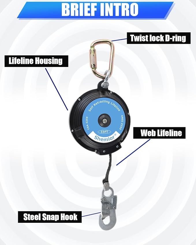 33FT Web Self Retracting Lifeline, Shemior No Tangle Lightweight Housing SRL, Self Retractable Safety Lanyard, Fall Arrest Protection PPE Gear for Roofing Construction, OSHA/ANSI Compliant