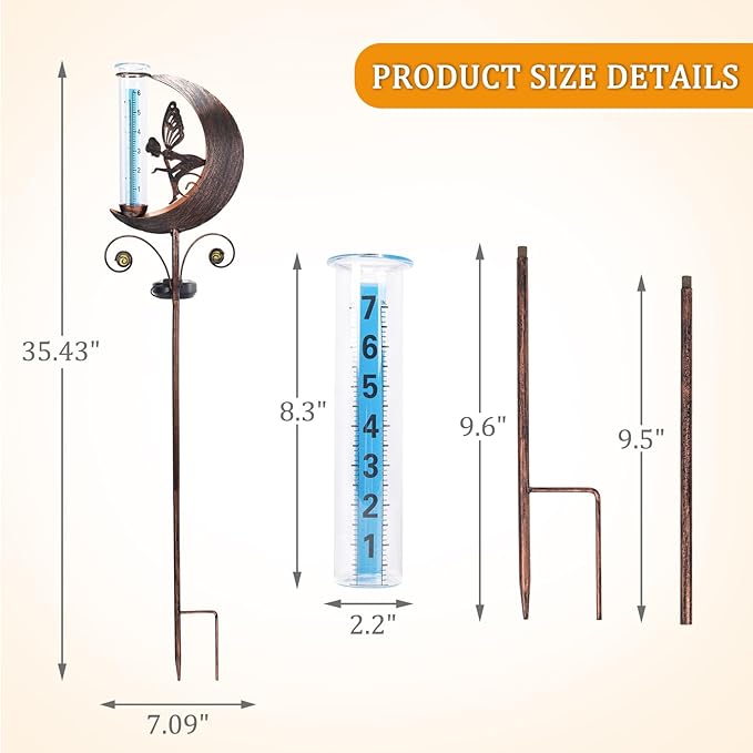 WONDER GARDEN Solar Rain Gauge Outdoor, Decorative Moon Fairy Rain Gauges Outdoors Best Rated, Freeze Proof Water Rain Measure Gauge for Yard Patio Lawn Garden Decor