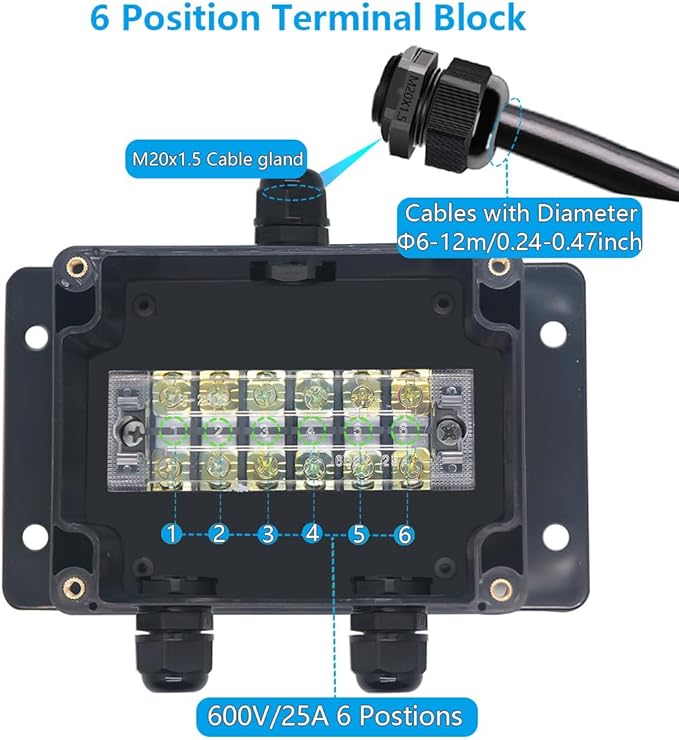 Project BoxI P67 Outdoor Waterproof Box Electronic Junction Box with 25A 600V 6P Barrier Terminal 1IN/2Out Electrical Boxes 4.5x3.5x2.12 inch