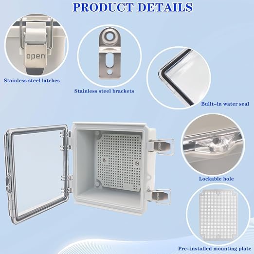Waterproof Electrical Box, IP67 Junction Box Stainless Steel Latch Hinged Clear Cover Project Enclosure with Wall Bracket 5.9"x5.9"x3.5"