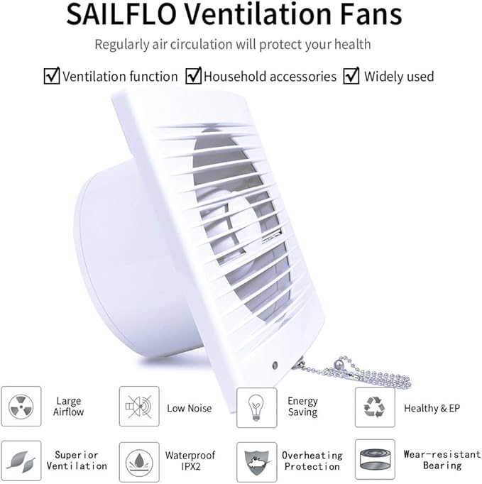 SAILFLO 4 Inch Wall-Mounted Exhaust Fan, 12W Ventilation Extractor with Anti-backflow Check Valve Chain Switch for Window Duct Glass Grow Tent Bathroom Vents - 6"×6" Grid Panel - Small Size