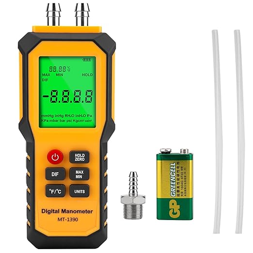 5/16 Inches Diameter Pressure Port Digital Manometer, YZT Meter Dual Port Air Pressure Meter Pressure Gauge HVAC Gas Tester, Differential Pressure Manometer
