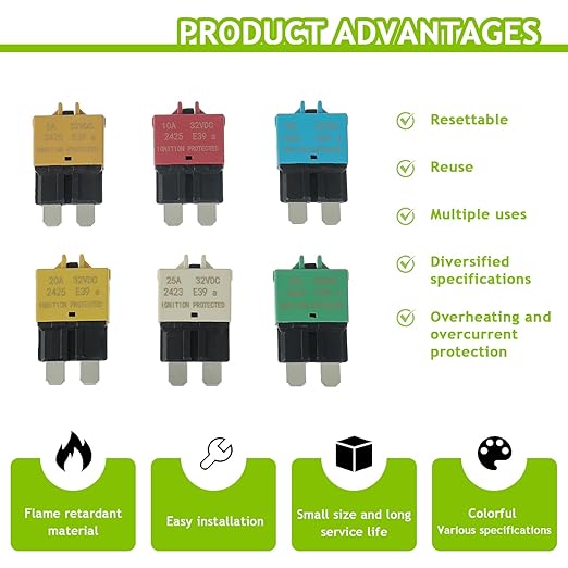 5A 10A 15A 20A 25A 30A DC 12V-32V Manual Reset Circuit Breaker ATC/ATO Low Profile T3 Mini Blade Fuses Breakers for Car Trucks Marine Boat RV Solar and More