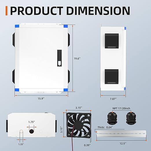 Joinfworld Outdoor Electrical Box 19.7"x15.7"x7.9" Metal Waterproof Vented Nema Enclosure with 12V Fan, Stainless Steel Junction Box with Cold Rolled Steel Plate Hinge Connection Din Rail
