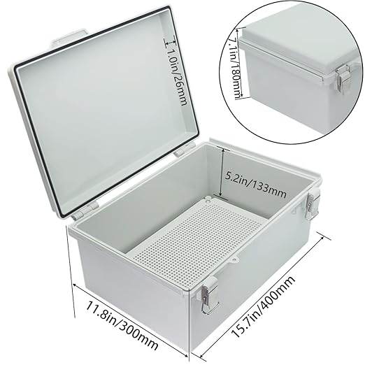 Junction Box, Hinged Cover Stainless Steel Latch IP67 Waterproof ABS Project Box with 2 Cable Glands, Electrical Box Enclosure with Mounting Plate & Wall Bracket 15.7 x 11.8 x 7.1inch