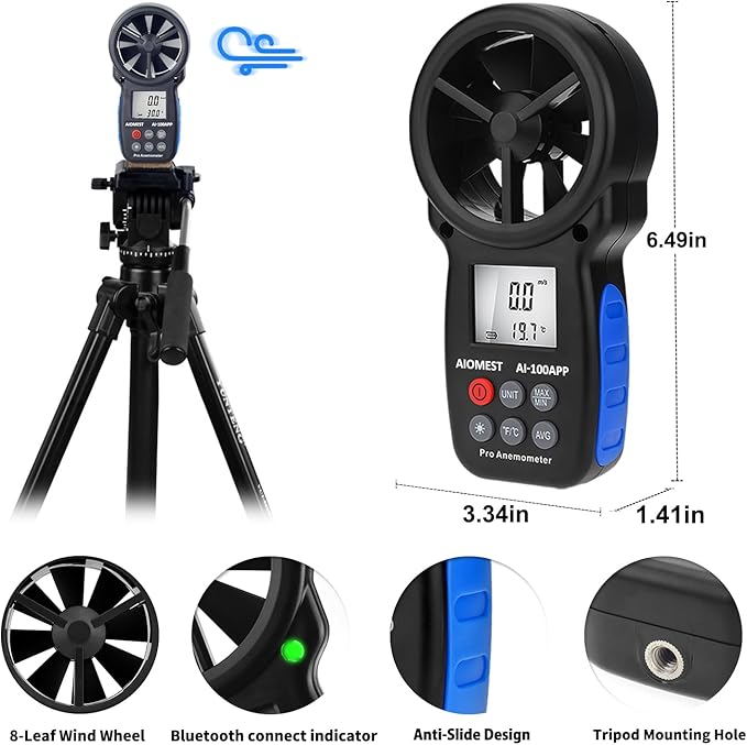 AIOMEST Digital Anemometer AI-100APP Wind Speed Measuring Device Android/iPhone Compatible W/Data Logging for Air Flow Velocity Wind Temperature Wind Chill Gauge Tester