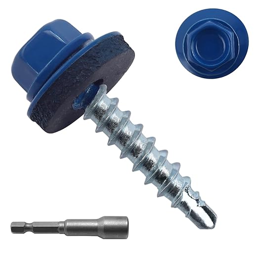 300pcs #10 x 1 Blue Hex Head Self-Drilling Metal Roofing Screws, EPDM Washer, Colored Head, Wood Screws, Sheet Metal Roof Screw with Hex Driver Bit (Blue, 1 in)