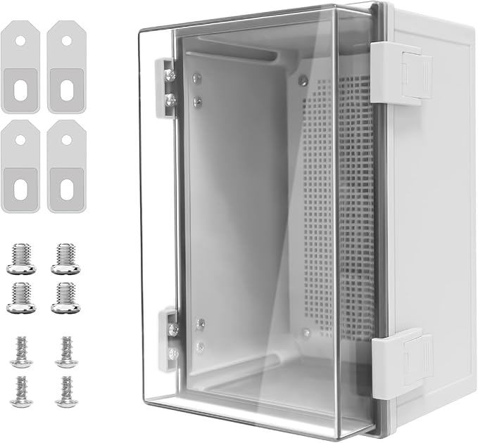 Junction Box, IP65 Waterproof Dustproof ABS Plastic Enclosure, Outdoor and Indoor Project Box Hinged Clear Cover with Mounting Plate Wall Brackets, Outer Dimension 11.8"x 7.9" x 7.1", Grey