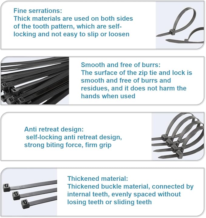 Zip Ties, Cable Ties, 4"+6"+8"+10"+12" 510Pcs Black High-Grade Self-Locking Nylon Zip Ties, Tensile Strength 18-48Lb For Home Office, Garden, Workshop Fences