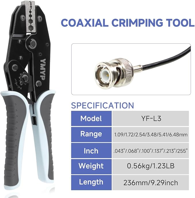Coaxial Crimping Tool for RG Type Cable -RG50,54,55U,58,59,62,108,133,142,178,301,302,400 BNC 1.5D-2V,3D-2V,4C-2V, LMR-195,200,240 Connector (CRIPMER L3 WG)