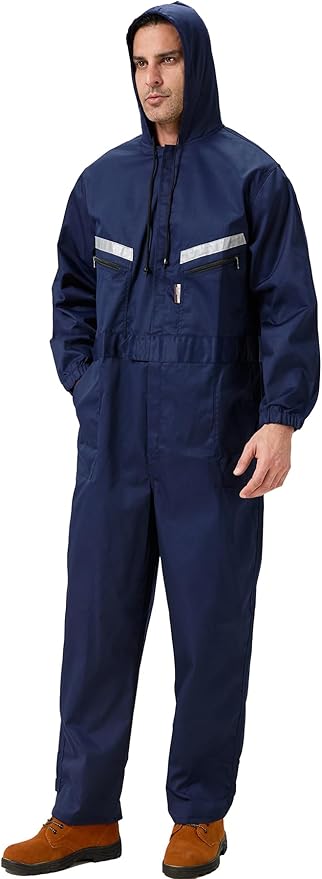 Mens Work Coveralls Mechanic Hooded Overall Workwear Jumpsuits Long Sleeve Hi Viz Coverall with Zippers