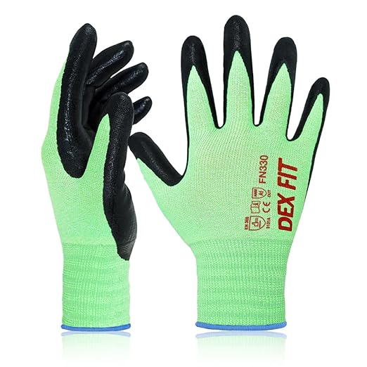 DEX FIT Nitrile Work Gloves FN330, 12 Pairs, 3D-Comfort Stretchy Fit, Firm Grip, Thin & Lightweight, Touch-Screen Compatible, Durable, Breathable & Cool, Machine Washable; Green XS (6)