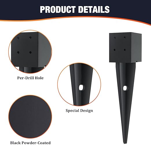 1 Pcs 4x4 Fence Post Anchor Ground Spike 16"(Inner Size 3.6"x3.6") Black Powder Coated–Mailbox Post Anchors, for Deck,Fence,Railing,Mailbox..