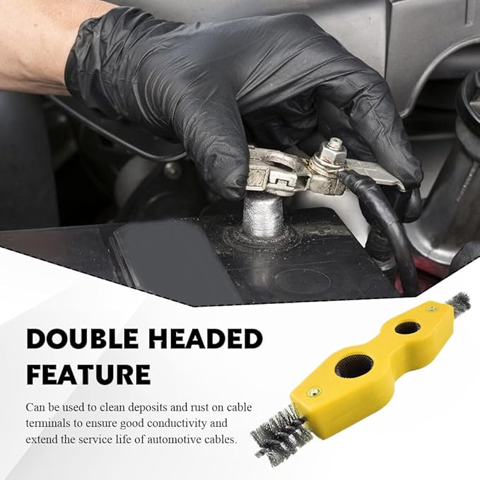 4 in 1 Car Battery Cleaning Brush, Battery Terminal Brush, Anti-Rust Auto Battery Cleaner with Steel Wire, Car Accessories Vehicle Machine Parts Cleaning Tools Fit for Auto Marine (Yellow)