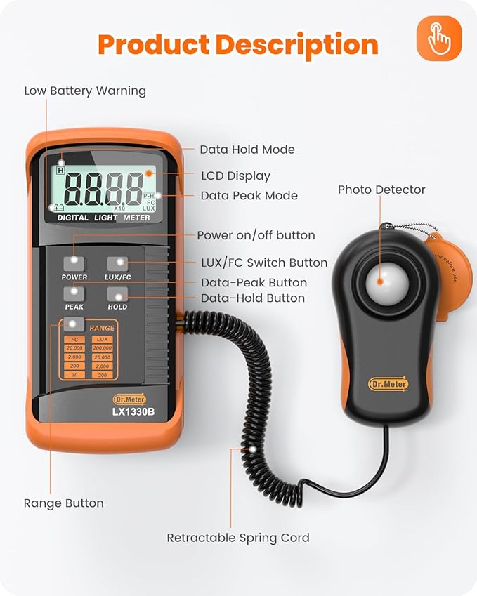 LX1330B Digital Illuminance Light Meter, 0-200,000 Measurement Range Lux Meter, Lighting Intensity Brightness Measurement for Indoor Outdoor, Light Meters for Plants
