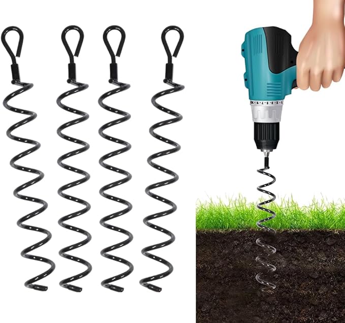 Mytee Products 4 Pack 18 inches Spiral Shed Anchor Kit w/Removable Eye Bolt - Steel Black Earth Auger Tent Stakes Heavy Duty Ground Screw Anchor for Securing Tents, Canopies, Tarps, Swing Sets