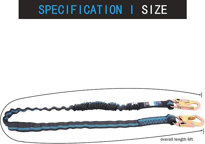 6 FT Safety Harness Lanyard with Double Heavy Duty Snap Hook, Single leg Abrasion Resistant Internal Shock Absorbing Fall Protection Lanyard, Construction Arborist Roofer, OSHA/ANSI Rated
