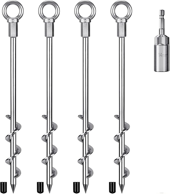 4 Pack Tent Stakes, 12 Inch Heavy Duty Ground Anchors, Fully Welded Spiral Earth Anchors for Camping Tents, Trampolines, Sheds, Swing Sets, Securing Animals