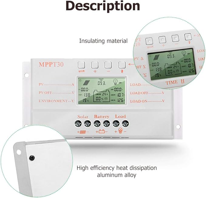 SolaMr 30A Solar Charge Controller MPPT 12V/24V Intelligent Solar Panel Charge Controllers with LED Screen Display USB Port 5V Output Solar Panel Battery Regulator