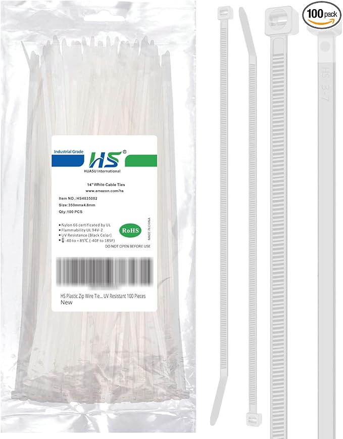 HS 14 Inch Zip Ties White 50 Pounds Tensile Strength Wide Straps (100 Pack) Nylon PA66,Self-Locking Long Electrical Plastic Cable Wire Zipties for Outdoor Use,Multi Purpose