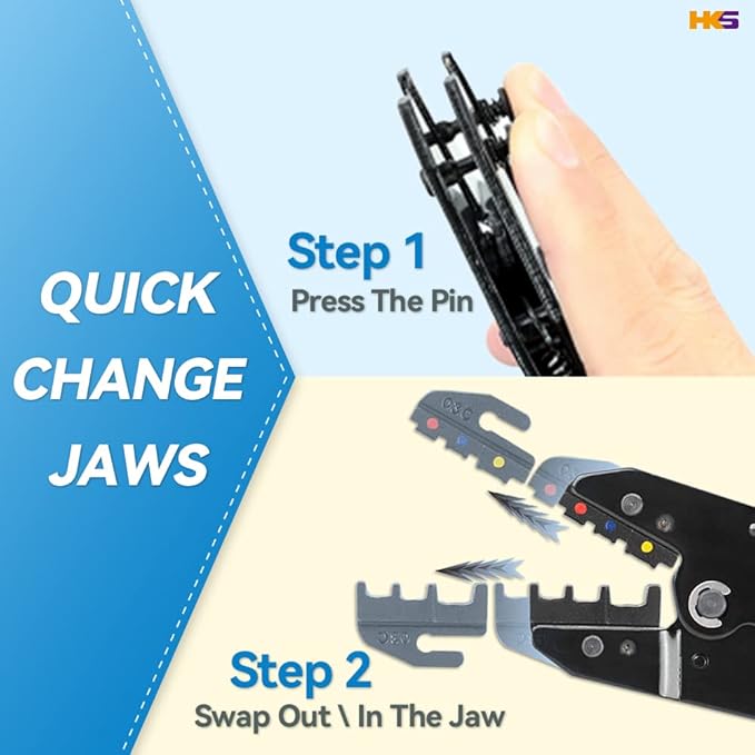 HKS Ratcheting Crimping Tool Set 9 PCS with Automatic Wire Stripper and Quick Exchange Jaw for Heat Shrink Terminals, Open Barrel, Solar Connector, Insulated and Non-Insulated Ferrules AWG 20-2