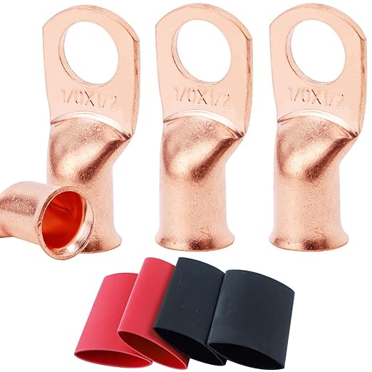TKDMR 4pcs 1/0 AWG-1/2 Battery Lugs,Heavy Duty Wire Lugs,Ring Terminals,Battery Cable Ends,0 Guage terminals,Battery Terminal Connectors with 4pcs 3:1 Heat Shrink Tubing