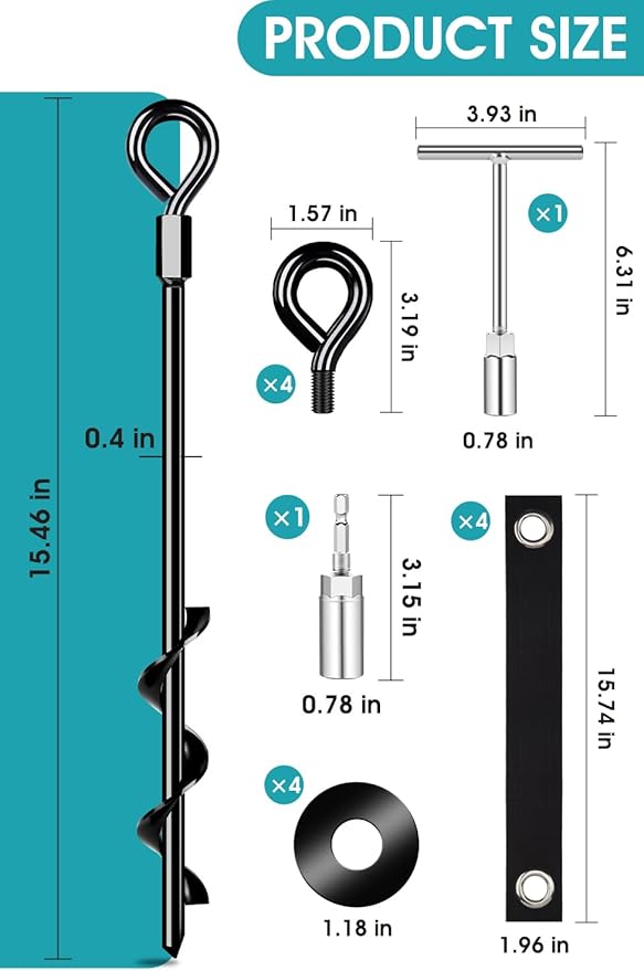 Ground Anchors Screw in 4Pcs, Trampoline Stakes Anchors with Straps Resistant High Wind, Earth Anchor for Swing Set, Tent, Trampolines, Carport, Canopies(4x15in)