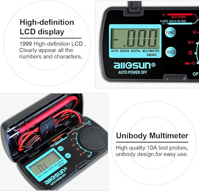 allsun Mini Auto Range Folding Digital Multimeter Automotive Tester AC DC Volt AMP Ohm LCD Travel Voltmeter Ammeter Continuity Tester Auto Power Off EM3082