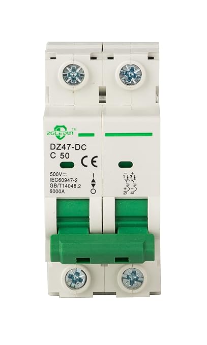 DC Miniature Circuit Breaker, 2 Pole 50 Amp, 250V-500VDC, 6kA Din Rail Mount Breaker with Thermal Magnetic Trip, DZ47-63 C50 2P, DC Solar MCB