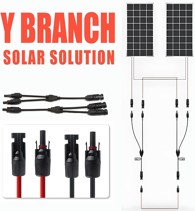 20 FT 10AWG Solar Extension Cable with Female and Male Connector with Extra Free Pair of Solar Y Connector Adaptor Kit for Home, Ship and RV Solar Panels (20FT Red + 20FT Black)