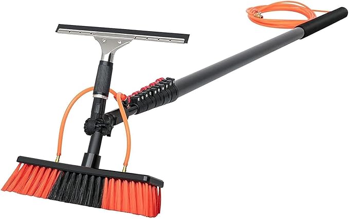 Solar Panel Cleaning Brush Pole Water Fed Window Cleaning Pole - Aluminum 3-in-1 Outdoor Window Cleaner with Squeegee - Effective Cleaning Tool for Glass and Solar Panels