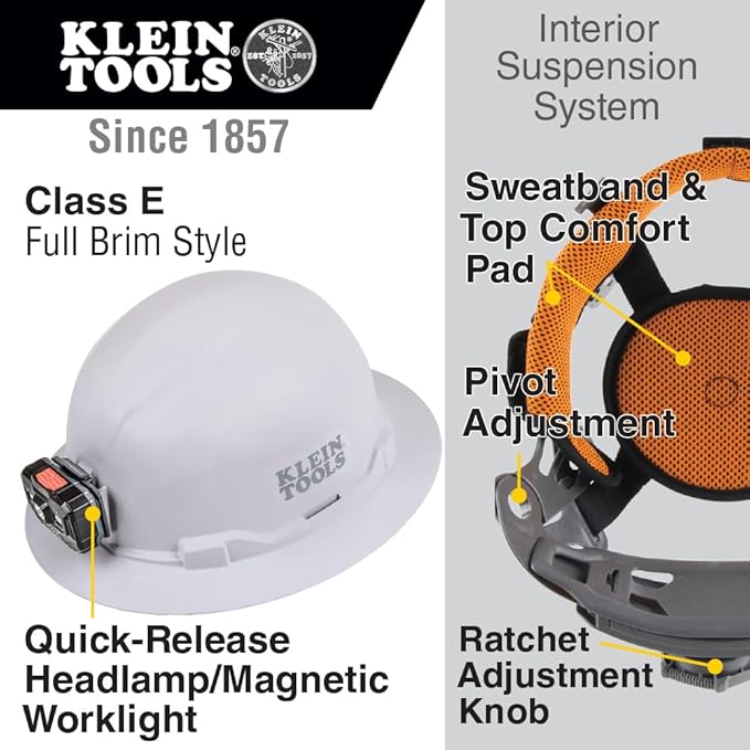 Klein Tools 60406RL Hard Hat, Rechargeable Headlamp, Non-Vented, Full Brim Style, Padded Self-Wicking Odor-Resistant Sweatband, Tested up to 20kV, White