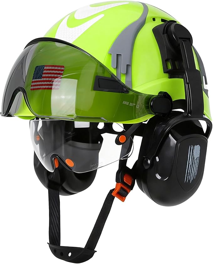 Hard Hat with Dual Visor and Hearing Protection-OSHA Approved Construction Hard Hats with Visor Sunglasses Earmuffs for Men,Vented Forestry Chainsaw Arborist Helmet with Chin Straps