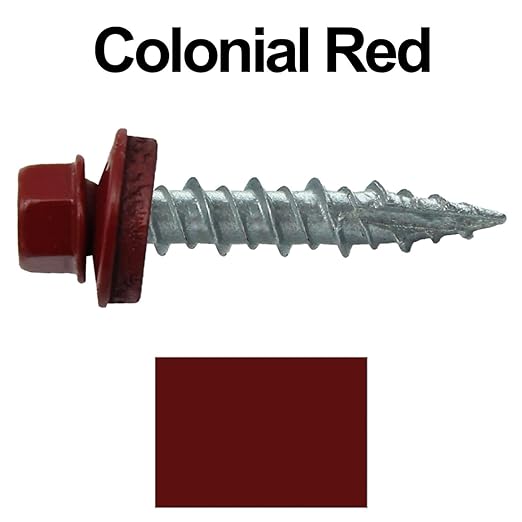 Metal Roofing Screws: (250) 10 x 1 Colonial Red Hex Head Sheet Metal Roof Screw. Self Starting Metal to Wood siding Screws. EPDM Washer. Colored Head