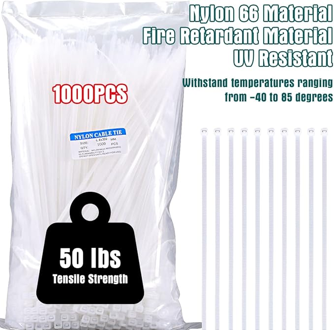 12 Inch White Zip Ties 1000 Pack Bulk, 50 lbs Heavy Duty Nylon Cable Ties, UV Resistant Self Locking Wire Ties for Commercial, Garden, Indoor Outdoor Use