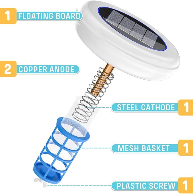 Solar Pool Cleaner, Floating Water Cleaner and Purifier, Copper for Pool 35,000 Gallons, Large Solar Panel & 2 Sets of Fittings, Floating Water Cleaner for Above Ground Pool & Inground Pool