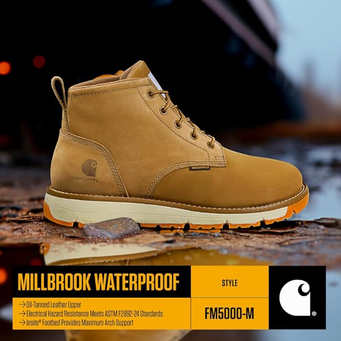 Carhartt Millbrook Waterproof Wedge Boot - Work Boots for Men, Slip & Electrical Hazard Resistant, with 5" Shaft, Breathable Membrane, and Lightweight EVA Midsole