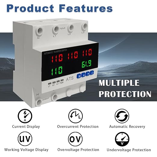 4P Automatic Transfer Switch with LCD Display, 63A Triple Power ATS with 5 Display for Real-Time Voltage & Current Monitoring (Input/Output), Automatic Changeover for Utility/Generator/Solar
