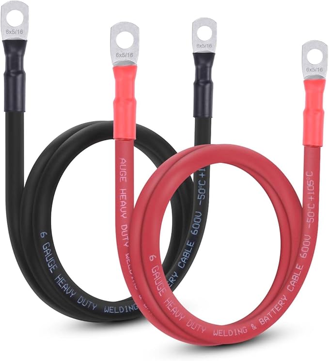 6 AWG Flexible Battery Cable with 5/16" Terminals - OFC Pure Copper Inverter & Welding Wire for Automotive Solar RV Motorcycle (Red + Black 3FT Pair)
