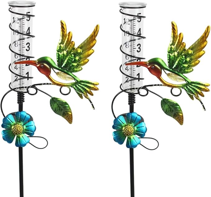 2PS Hummingbird Rain Gauge Outdoor,Solar Powered LED Lights Decorative Rain Gauge with 5 Inch Glass Tube for Yard,Garden,Patio,Lawn