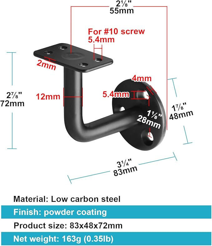 8 Pack Black Handrail Bracket for Flat Surface Square Top Railing, Wall Mount Support, Carbon Steel