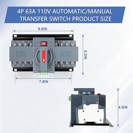 6-63amp AC110V Automatic/Manual Transfer Switch 4P 50/60Hz, 4POLE 63A ATS Auto Changeover Dual Power Switch for Generator, CE Certified ATS Solar Back Up Power Auto Selector Overvoltage, Undervoltage