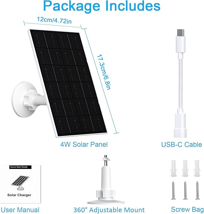FUTUREZEN 4W Solar Panel for WYZE Cameras, USB-C & Micro USB Solar Charger, Compatible with WYZE Cam Pro, Outdoor Cam V1/V2, 9.8ft Cable, IP66 Waterproof, 360° Adjustable Mount (1 Pack)