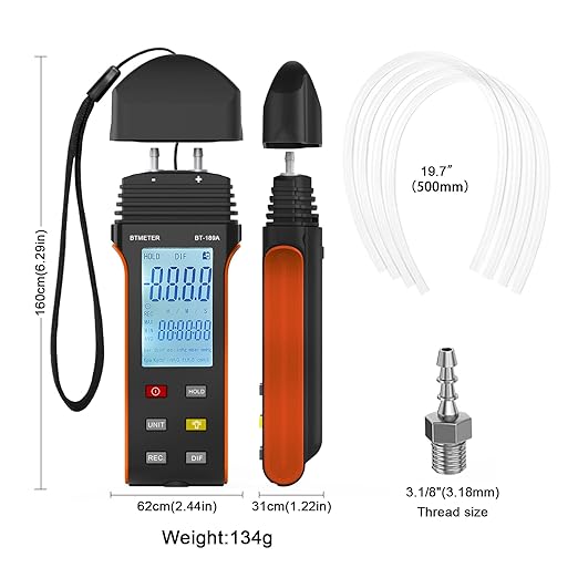 BTMETER Manometer HVAC Gas Pressure Tester 189A, Dual-Port Air Pressure Meter Gauge with Hose Kit Measure Static Pressure Differential Gas Pressure for Furnace Water Column