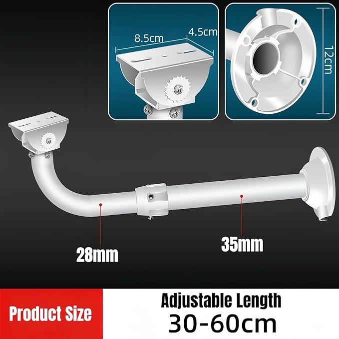 Telescoping Aluminum Wall Mount (11.8-23.6in / 30-60cm) with L-Shaped Adapter - Adjustable Length for CCTV Dome/IP/PTZ Cameras, Indoor/Outdoor Heavy-Duty Use